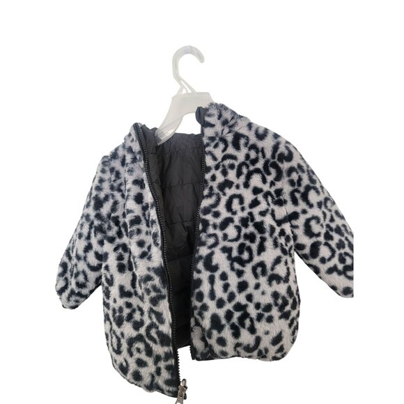 Reversible Toddler Girls Bubble Coat With Hood Faux Fur Leopard Print & Black Wa - Picture 4 of 5